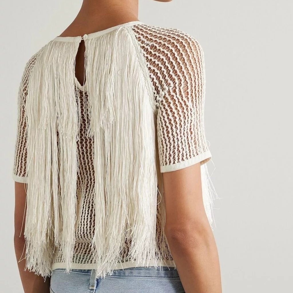 Sea New York Pari Fringed Blouse Top Cream Knit Summer Boat Neck Xs New 278258
